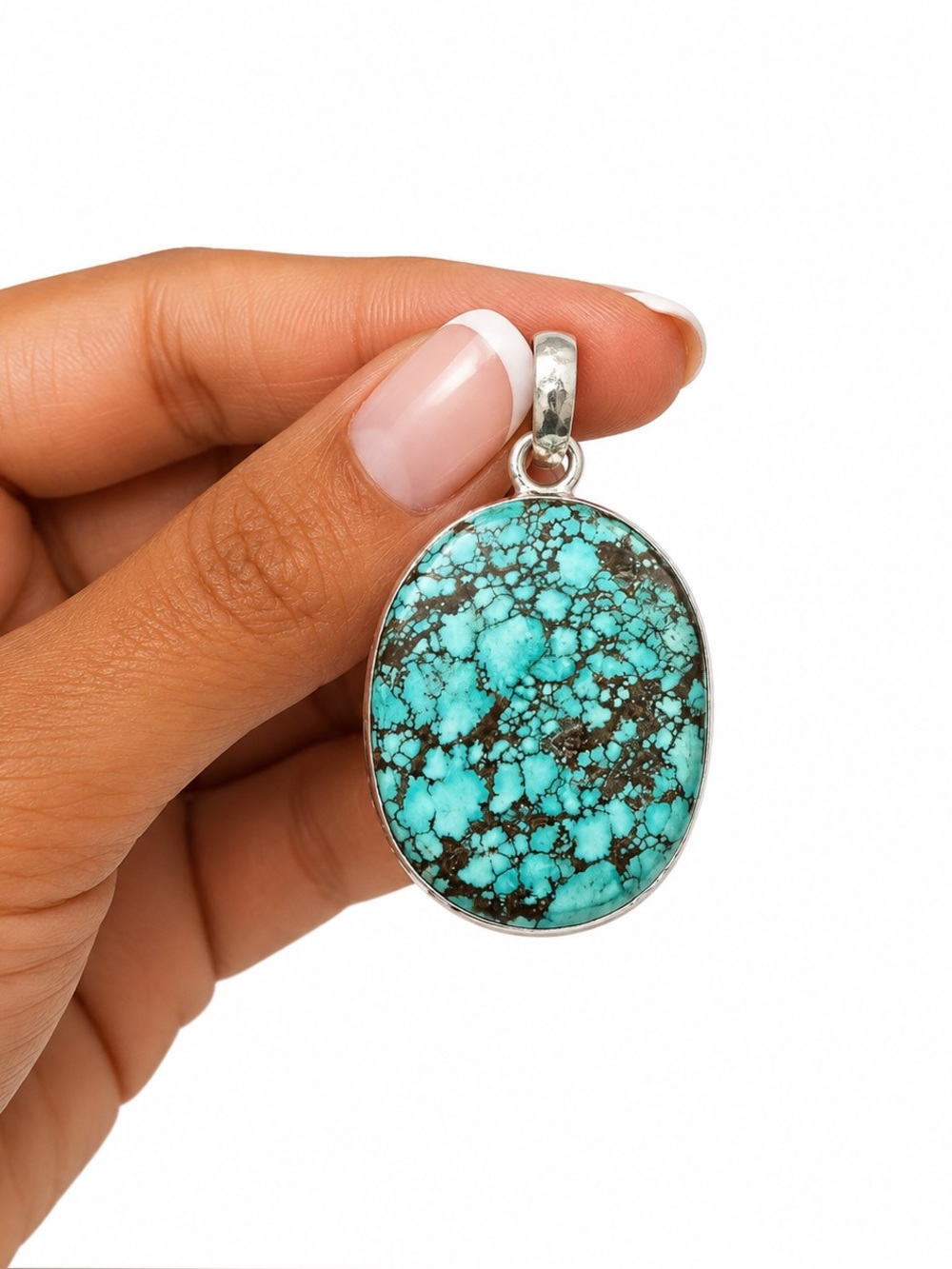 Navajo Sterling Silver Turquoise Oval Stone Pendant - Blue Silver Setting